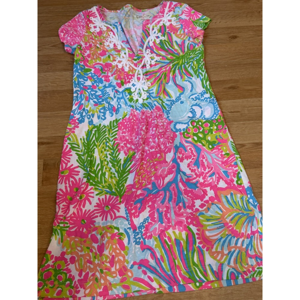 Lilly Pulitzer Pink Green Coral Floral Lace V-Neck Jersey Shift Dress Womens S